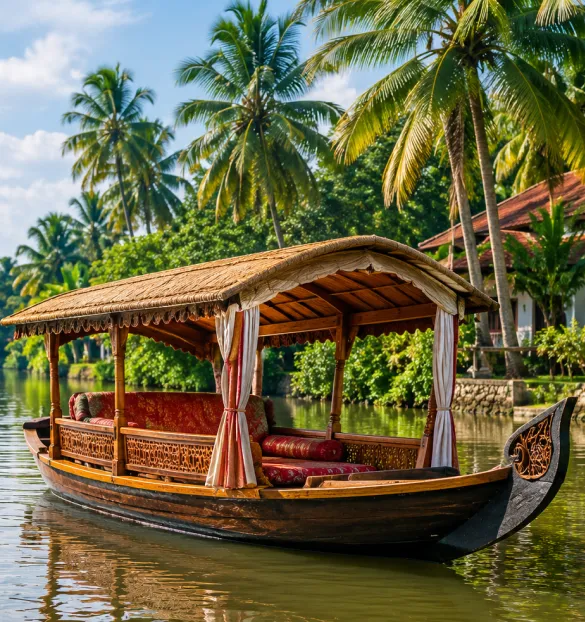 Traditional Shikara boat in Alleppey gliding through Kerala backwaters for a peaceful boat ride