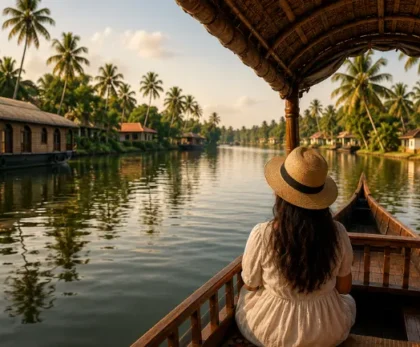 Kochi to Alleppey trip through Kerala backwaters with traditional houseboat and coconut trees