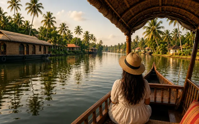 Kochi to Alleppey trip through Kerala backwaters with traditional houseboat and coconut trees