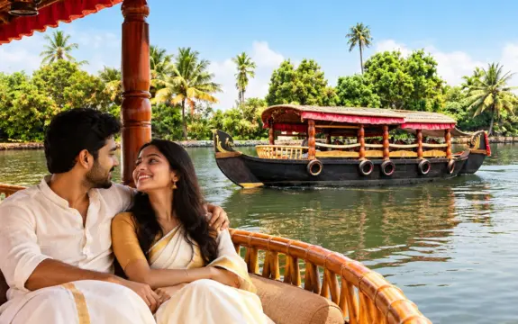 Couple enjoying a private Shikara boat Alleppey backwater cruise