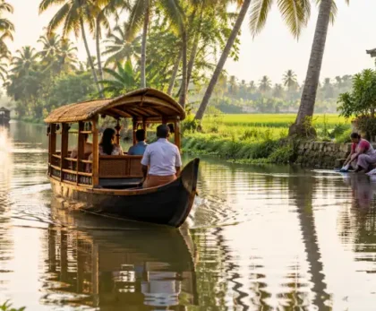 River boat ride through a narrow Alleppey backwater canal surrounded by coconut palms and paddy fields
