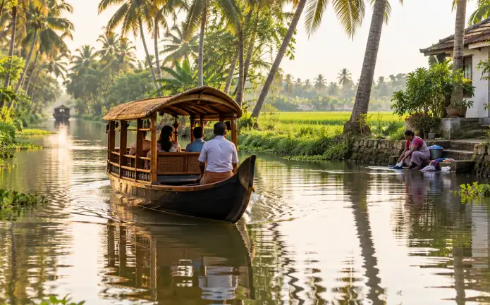 River boat ride through a narrow Alleppey backwater canal surrounded by coconut palms and paddy fields