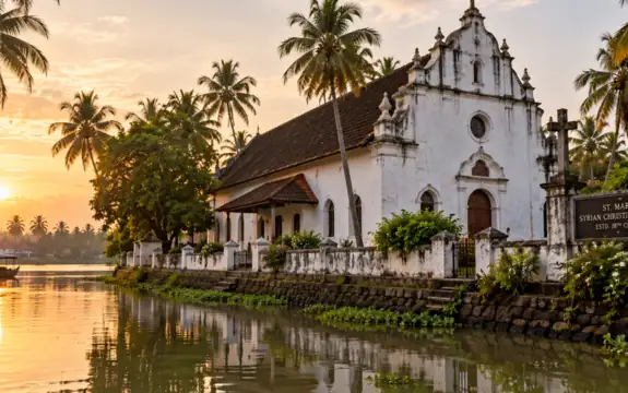 River boat ride past a historic Kerala Christian church beside a peaceful backwater canal