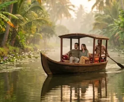 Alleppey backwater boat ride in a traditional shikara gliding through a quiet canal at sunrise