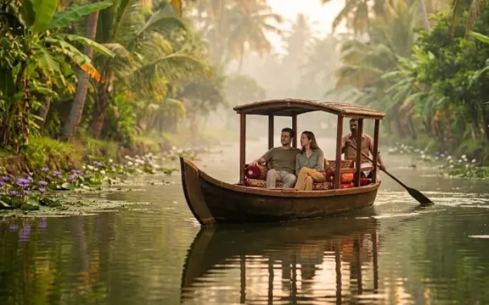 Alleppey backwater boat ride in a traditional shikara gliding through a quiet canal at sunrise