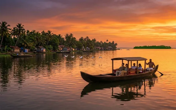 Shikara on an Alleppey backwater boat ride at sunset with golden skies reflected on the lake