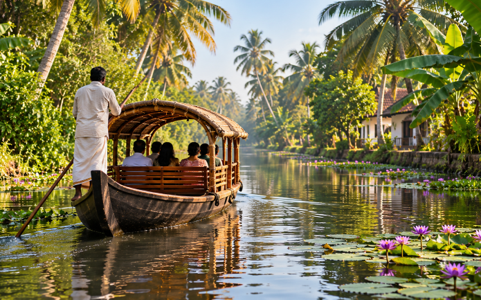 Private shikara boat on a day cruise Alleppey backwater canal
