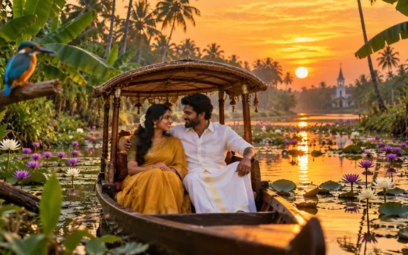 Couple posing for a shikara photoshoot on a wooden boat in the Alleppey backwaters at sunrise