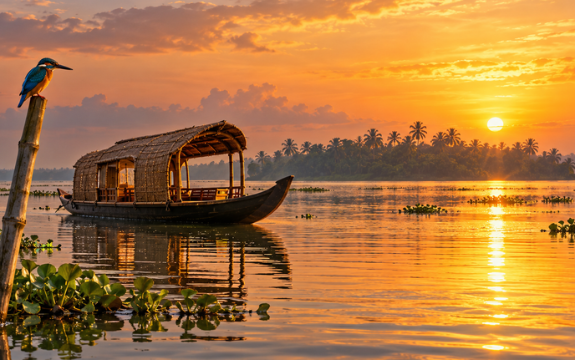 Shikara boat Alleppey sunset on Punnamada Lake with golden reflections