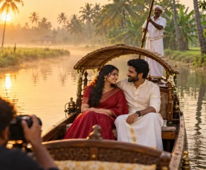 Pre-wedding shoot in Alleppey on a private shikara ride through a canal at sunset