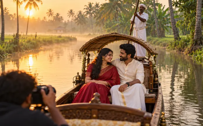 Pre-wedding shoot in Alleppey on a private shikara ride through a canal at sunset